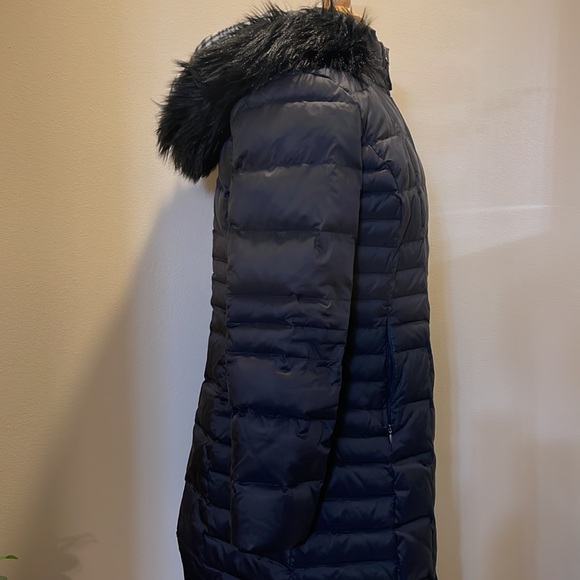 Talbots Black Mid-length Puffer Detachable Faux Fur Hood Checker Accent - Picture 7 of 13